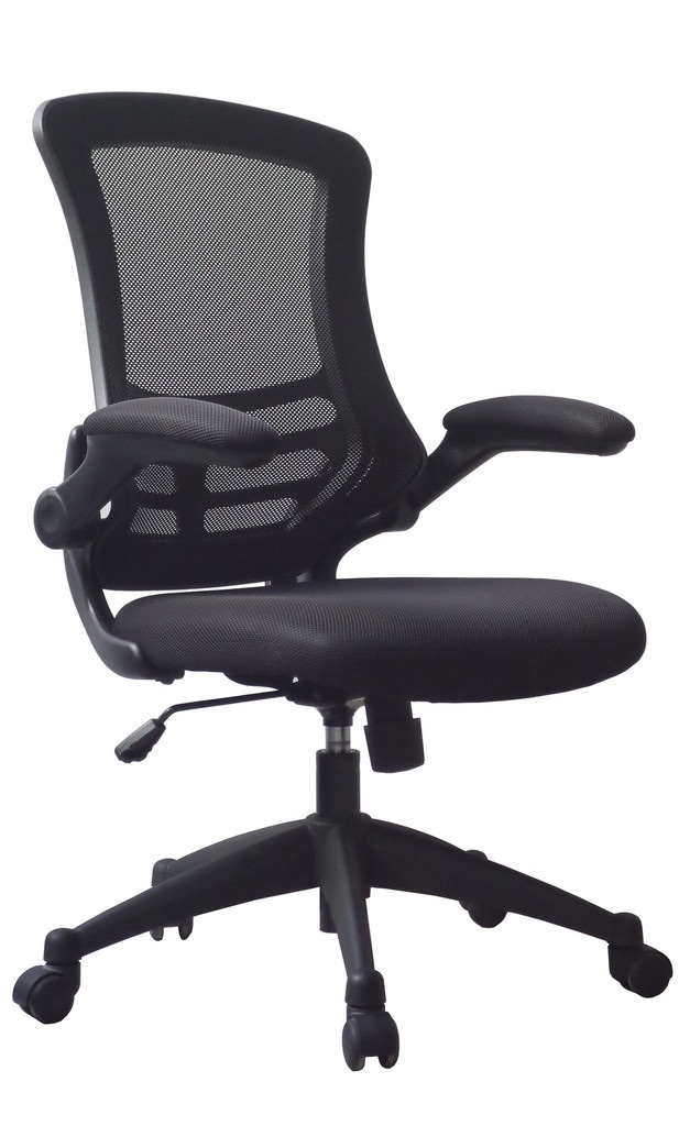 Designer mesh back chair black with fold back arms 