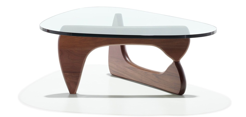 Noguchi inspired Designer mid century Notting Hill triangular coffee table 15mm glass top with Dark Walnut  ,  Light Walnut, Oak , Natural or Black base  