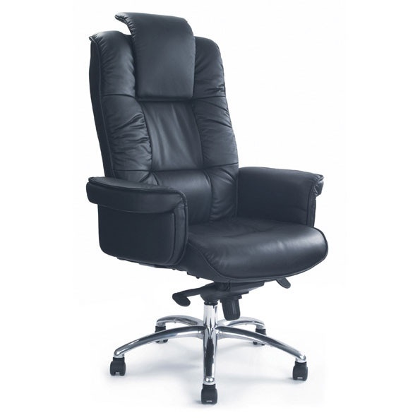 Luxurious black leather gull-wing executive arm chair with chrome base