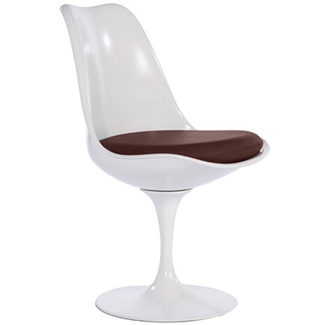 Contemporary White  Fibreglass Petal Chair Brown faux leather seat pad