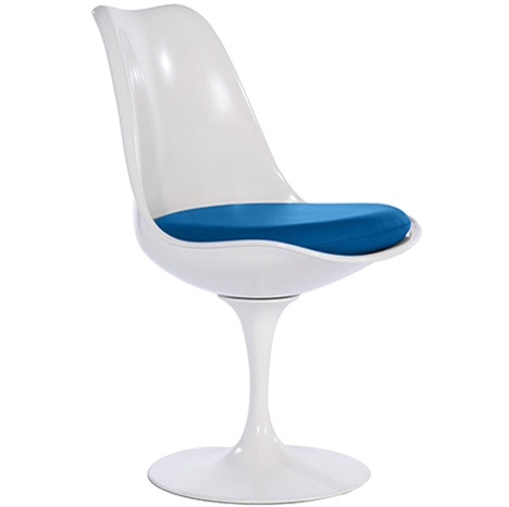 Contemporary White  Fibreglass Petal Chair Blue faux leather seat pad