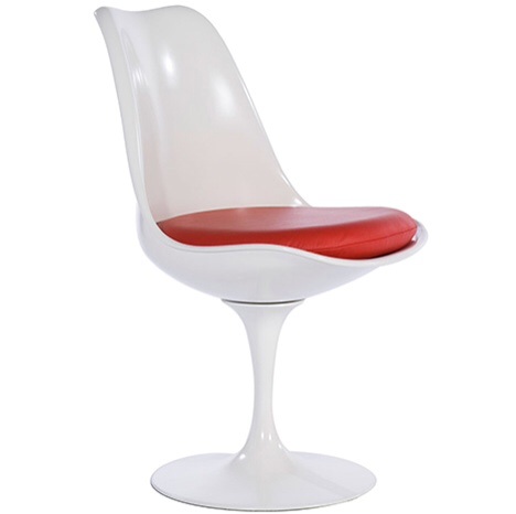 Contemporary White  Fibreglass Petal Chair Red faux leather seat pad