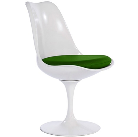 Contemporary White  Fibreglass Petal Chair Dark Green faux leather seat pad