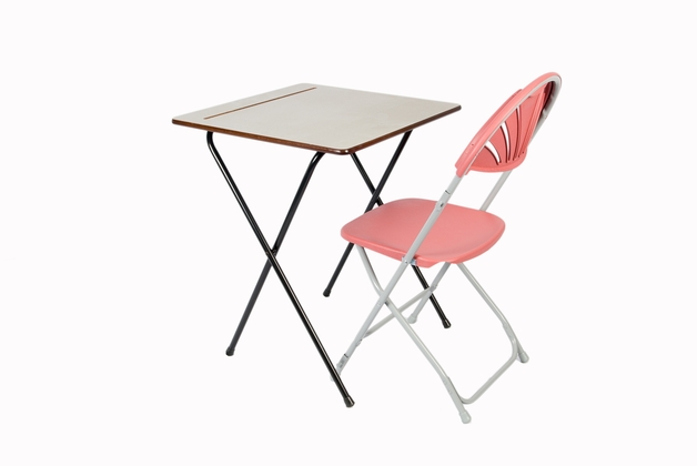 Grey Folding Exam Desk With Pencil Groove 730 high 600x600. 15 mm top