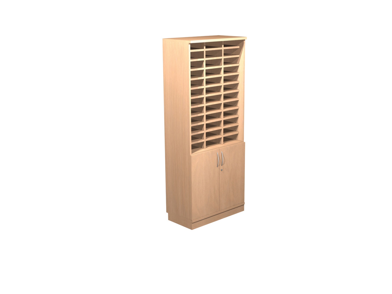 Walnut 36 compartment pigeon hole unit with doors and shelf below 1954h x800w x425d