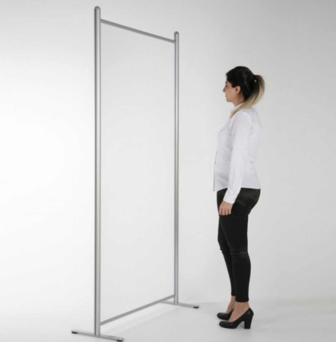 Affordable Floorstanding Mobile Acrylic  Perspex Screen with Aluminium frame and feet with optional castors 1220 wide - 1784 high or 1950 h