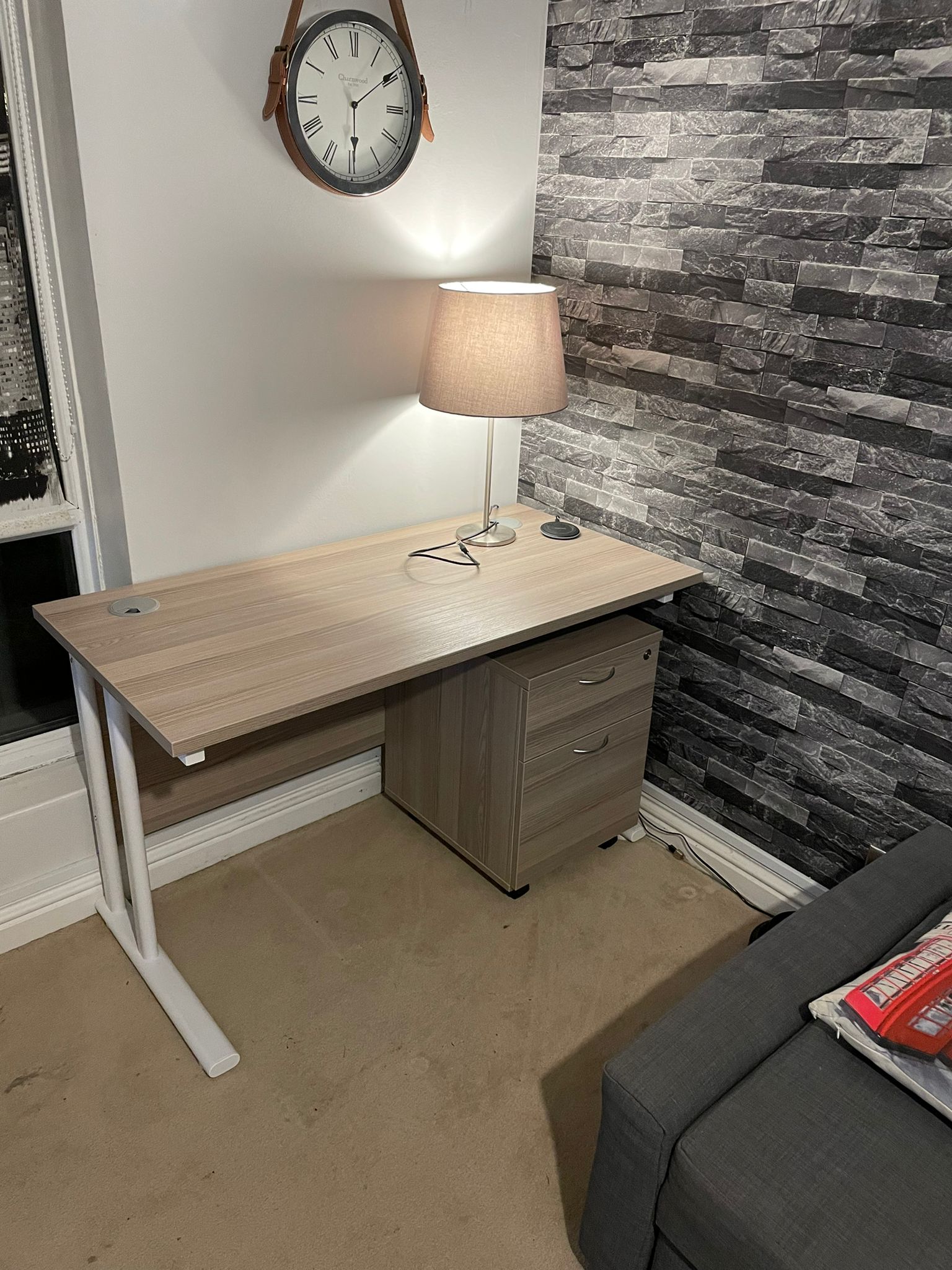 Affordable office desk Grey Oak 25 mm top White Cantilever Twin Upright legs 1200 mm wide x 600 mm deep 