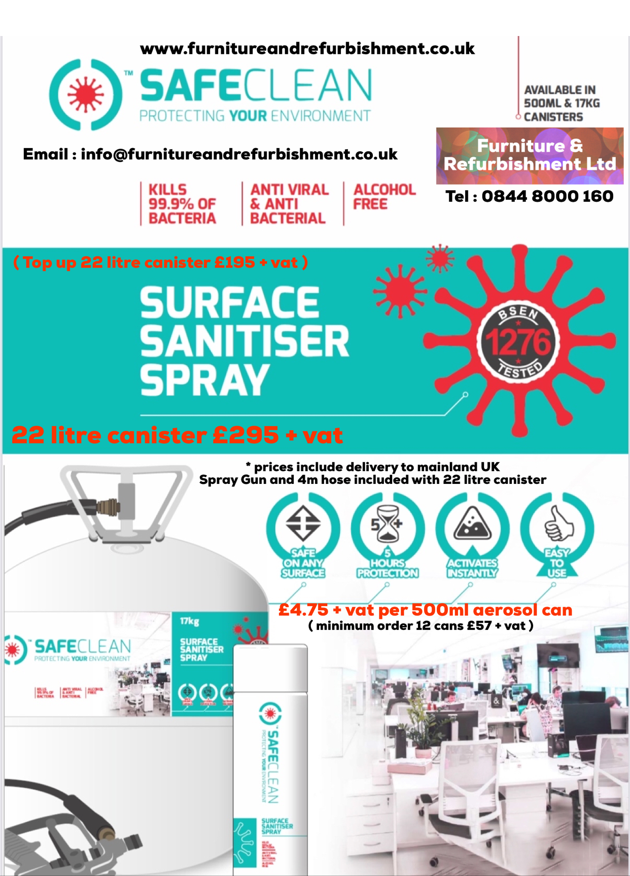 Anti Viral Anti Bacterial Surface Sanitiser Canister 22 litres complete with spray gun and 4 metre hose , safe to use on any surface 