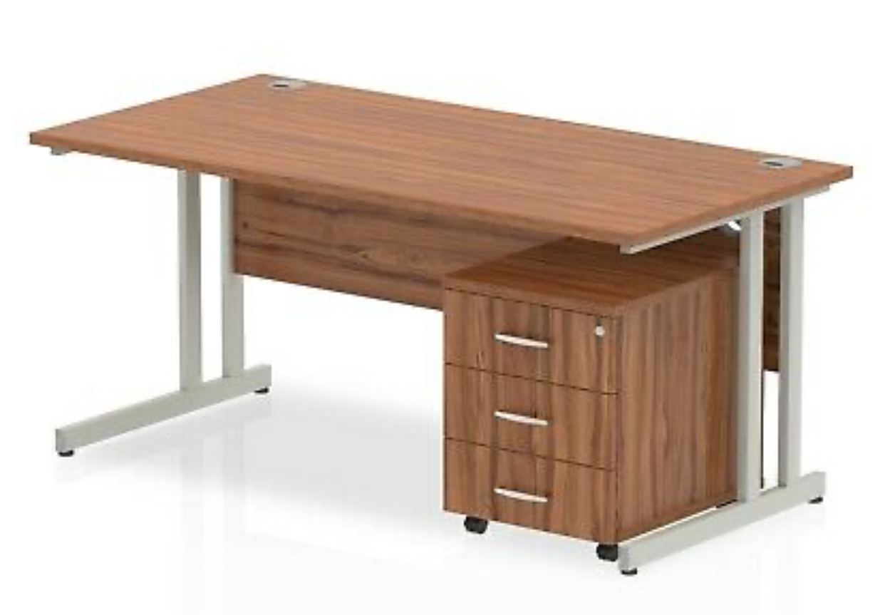 Budget Bundle Desk Pedestal 1600 x 800 cantilever desk with 3 drawer or 2 drawer pedestal Walnut