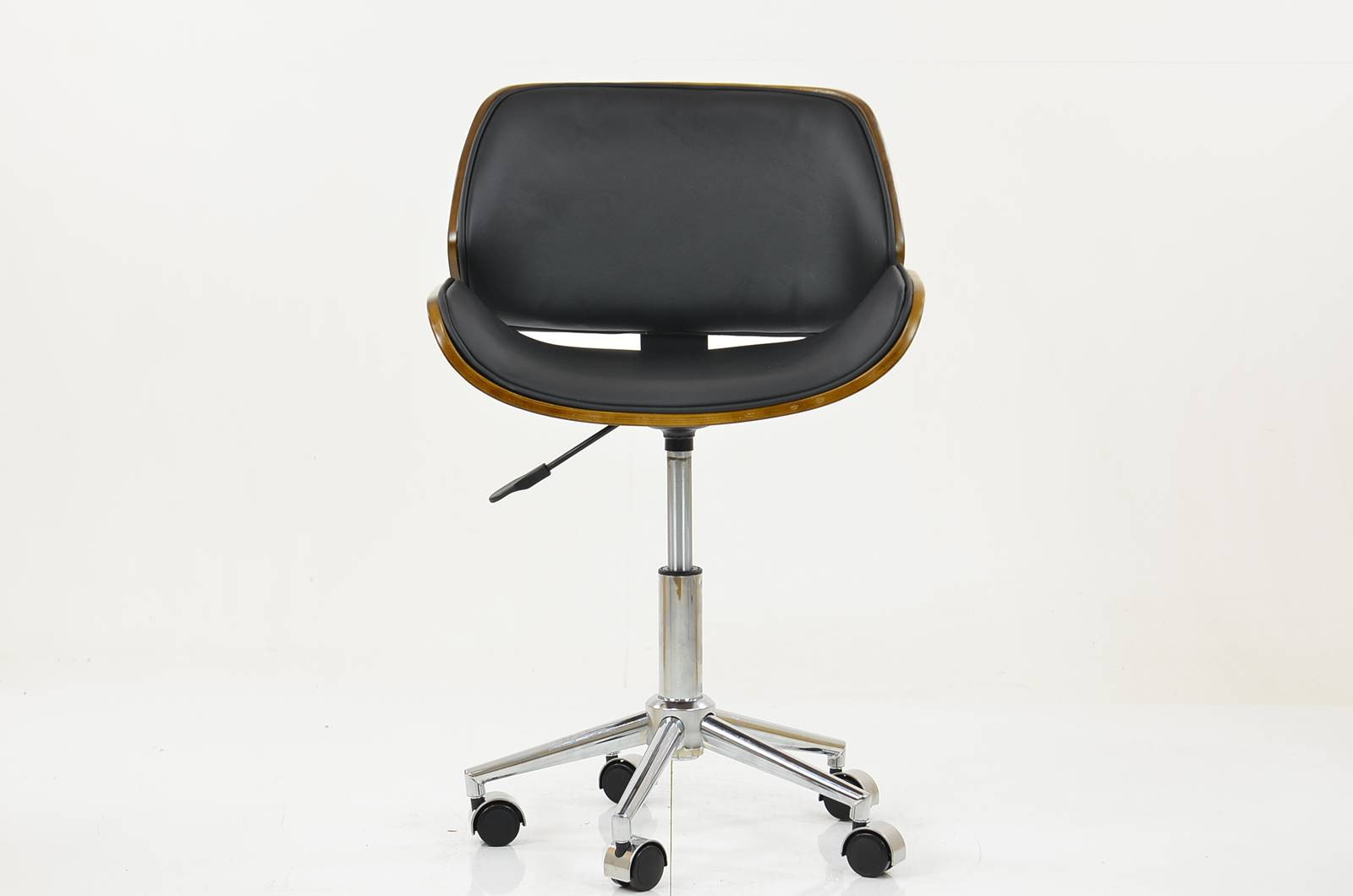Budget Designer Wooden Shell Chair with chrome base faux leather black seat and back