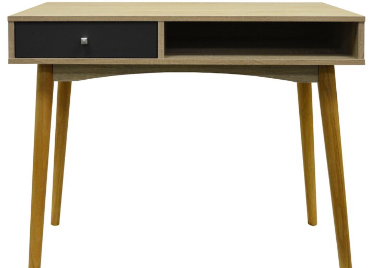 Budget Scandinavian Style rectangular  Desk with black Drawer Oak  top Oak splayed legs