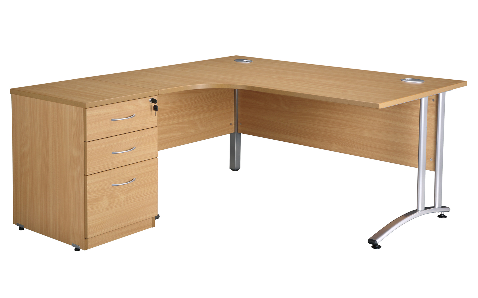 Budget radial desk left or right hand workstation beech or oak 1600x1200  or 1800x1200  with matching desk high pedestal 600 deep 