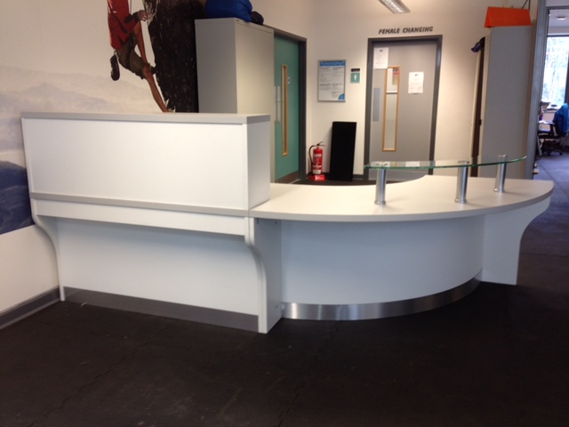 Curved Reception Desk with Disabled Access various sizes and finishes and optional glass shelf
