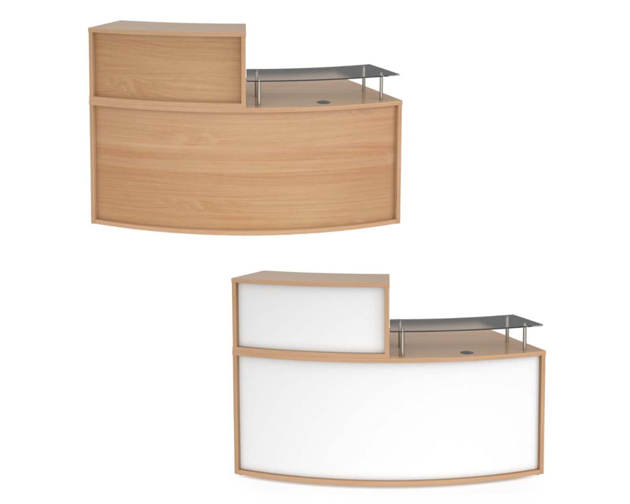 Derby Curved Reception Desk with counter top and glass shelf 1800 x 800 Beech and White