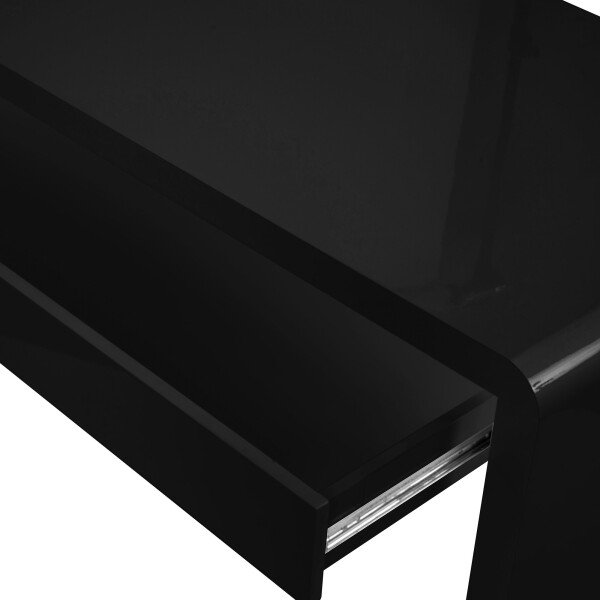 Designer Gloss Black lacquer desk 1100 w x 600 d x 750 h with curved panels and pull out drawer