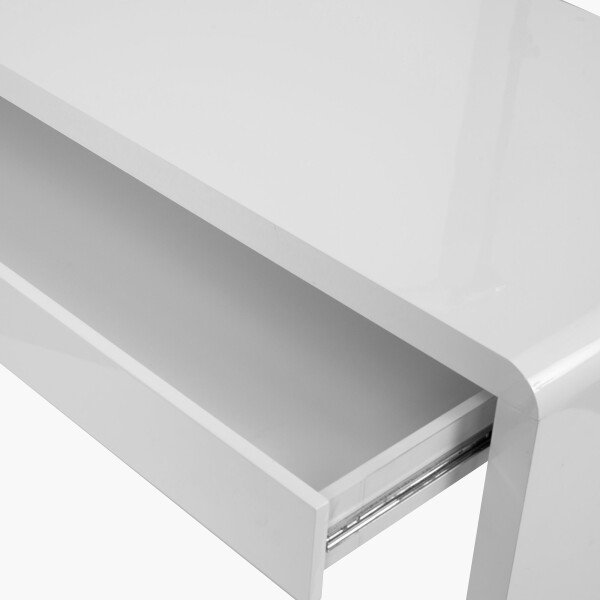 Designer Gloss White lacquer desk 1100 w x 600 d x 750 h with curved panels and pull out drawer