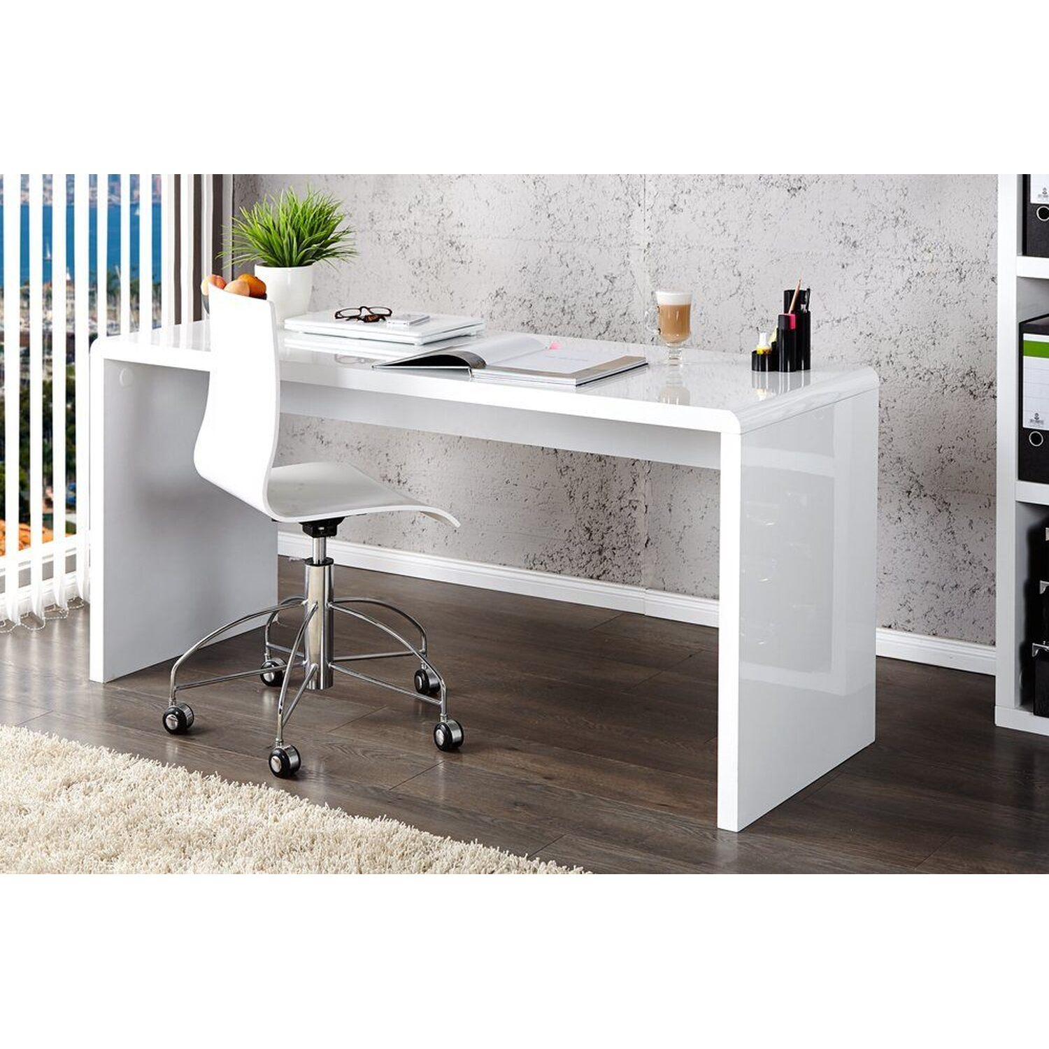 Designer Gloss White lacquer desk 1200 w x 600 d x 750 h with curved panels 