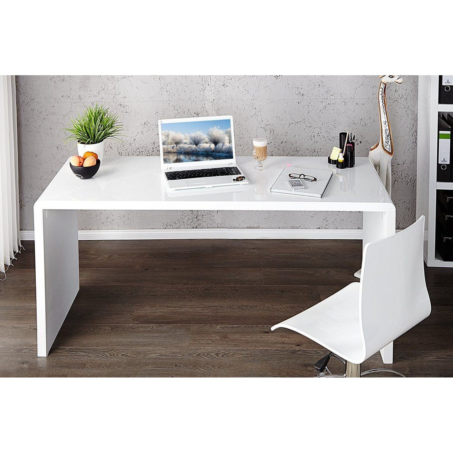 Designer Gloss White lacquer desk 1200 w x 600 d x 750 h with curved panels 