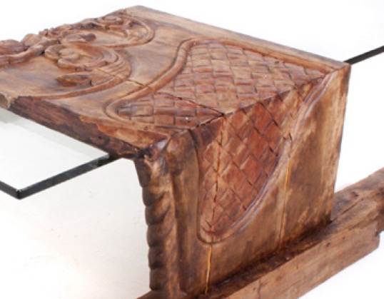 Designer Urban Glass and Carved Wood Coffee table 
