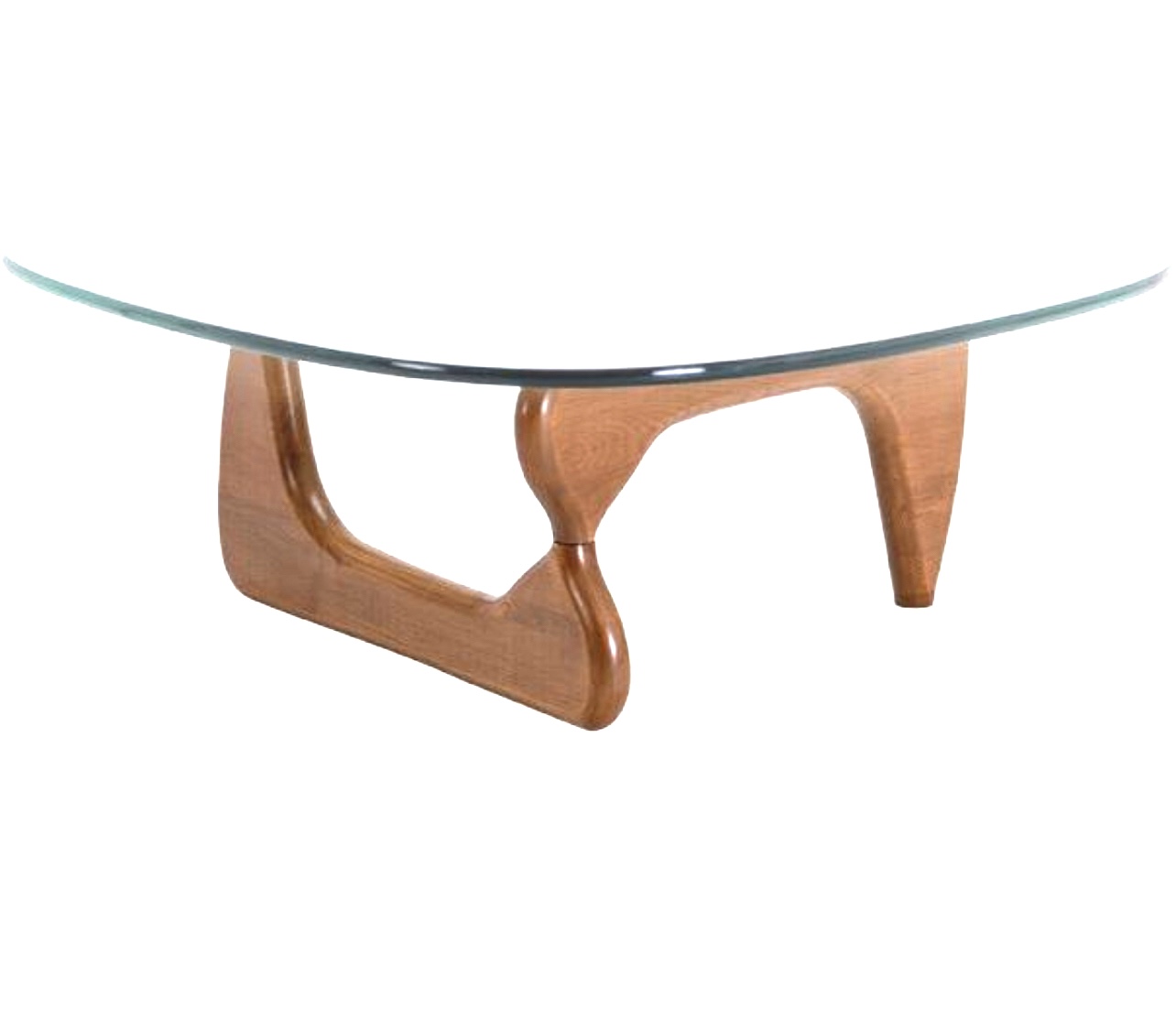 Noguchi inspired Designer mid century Notting Hill triangular coffee table 19mm glass top with Dark Walnut  ,  Light Walnut, Light Grey ,Oak , Natural or Black base  