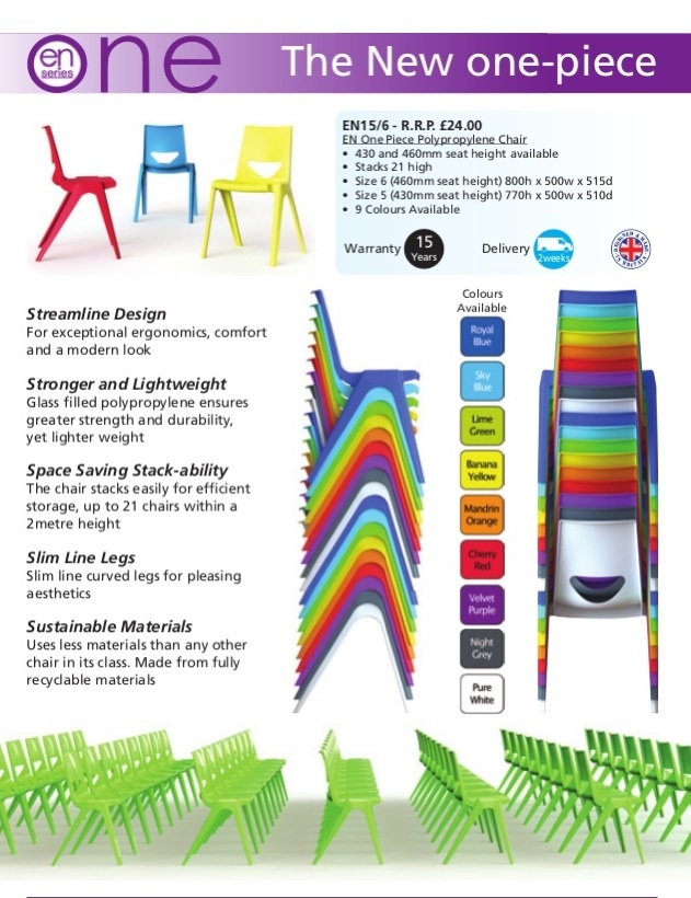 EN One Stackable  Classroom Dining Meeting Visitors Chair 350 mm or 380 mm seat height in 10 vibrant colours