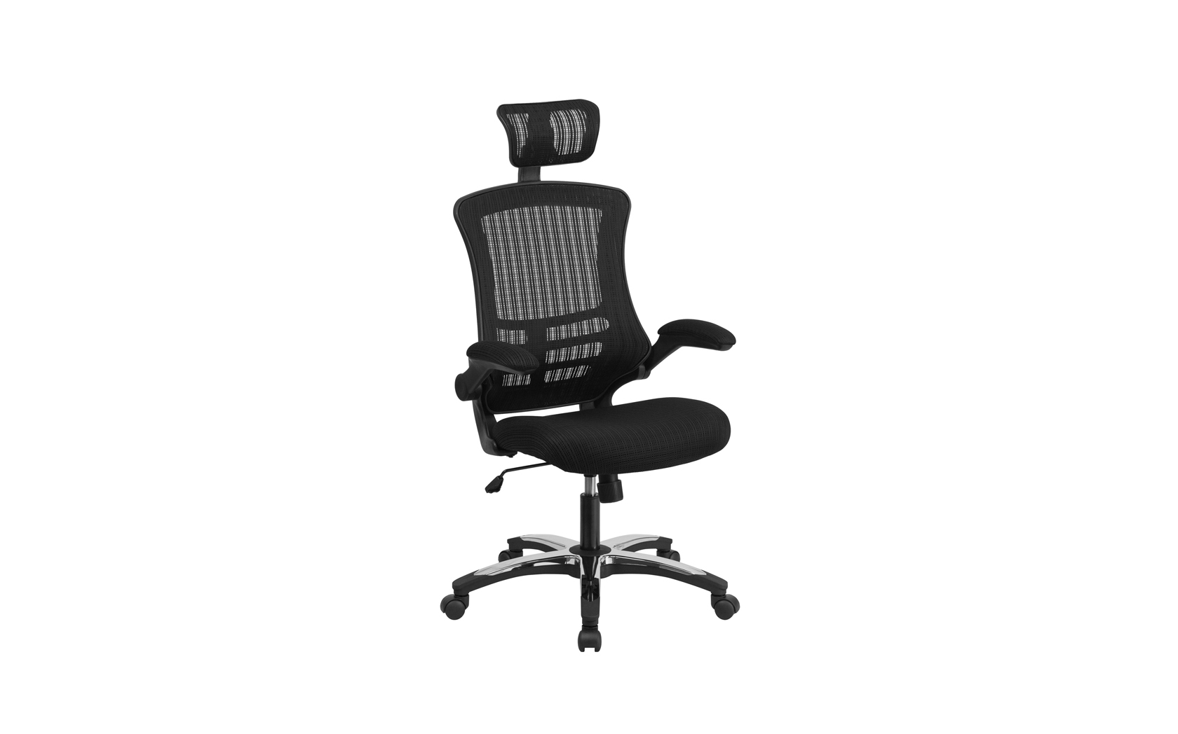 Executive black mesh chair with headrest and black  Cushioned seat. Fold back soft pad faux leather arms   Chrome and black base