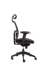 Executive black mesh chair with headrest and black  Cushioned seat. Height adjustable PU arms  and black nylon base