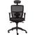 Executive black mesh chair with headrest and black  Cushioned seat. Height adjustable PU arms  and black nylon base