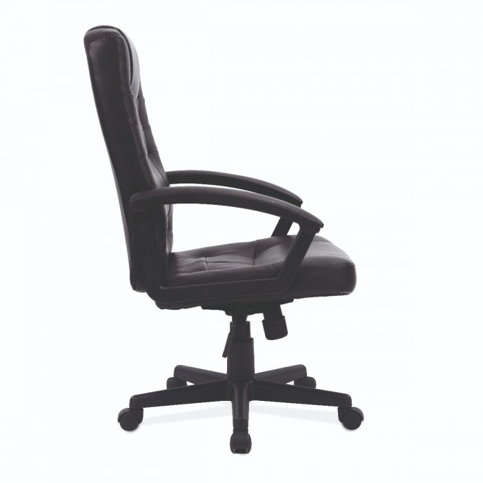 Casino Executive high back swivel armchair with integral headrest black leather effect and padded arms 
