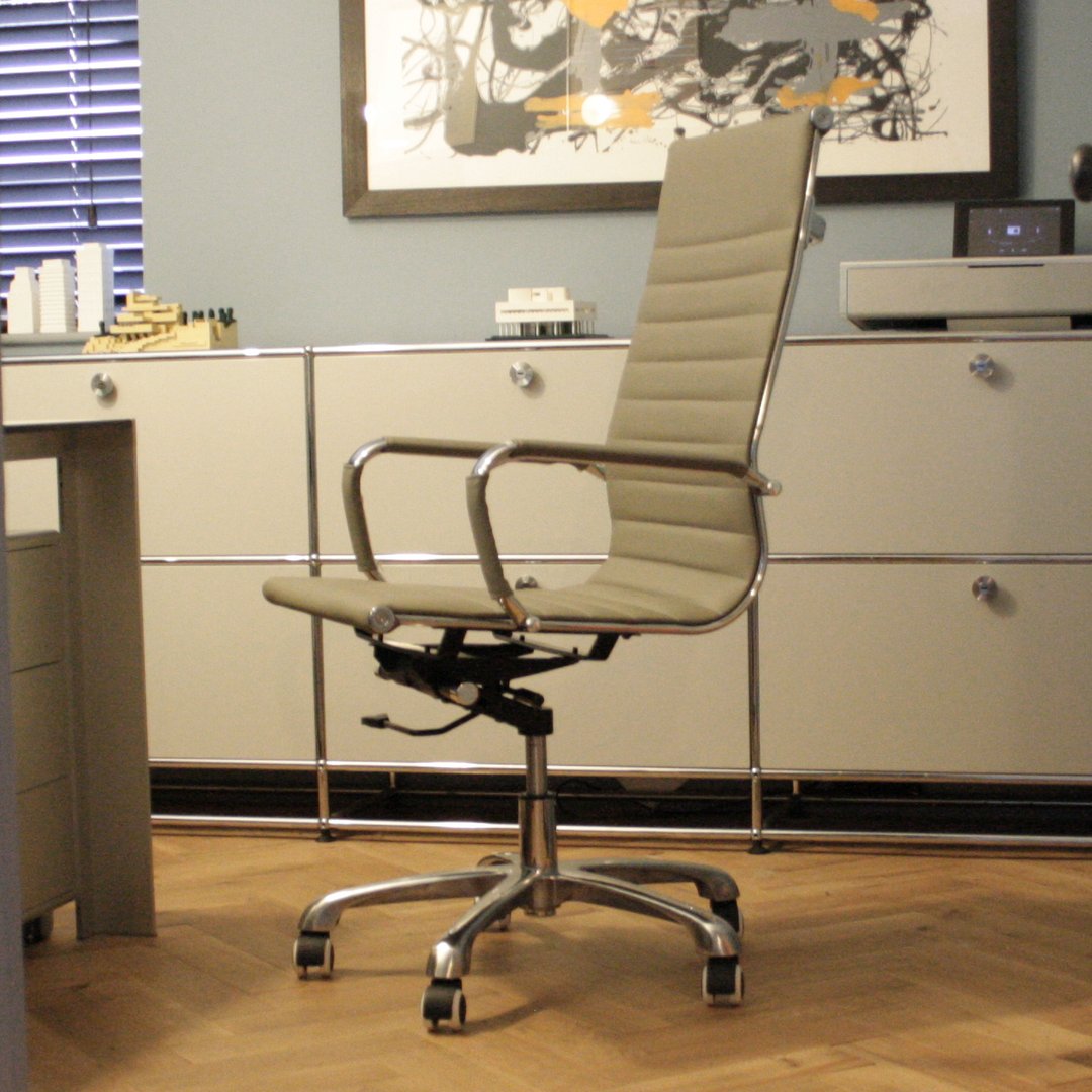 High quality high back ribbed Office Designer Designer Epsom Swivel Chair in Grey Faux Leather and chrome 