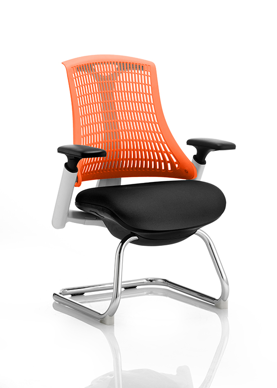 Flex Visitor Cantilever White Frame Black Fabric Seat Orange Back With Arms