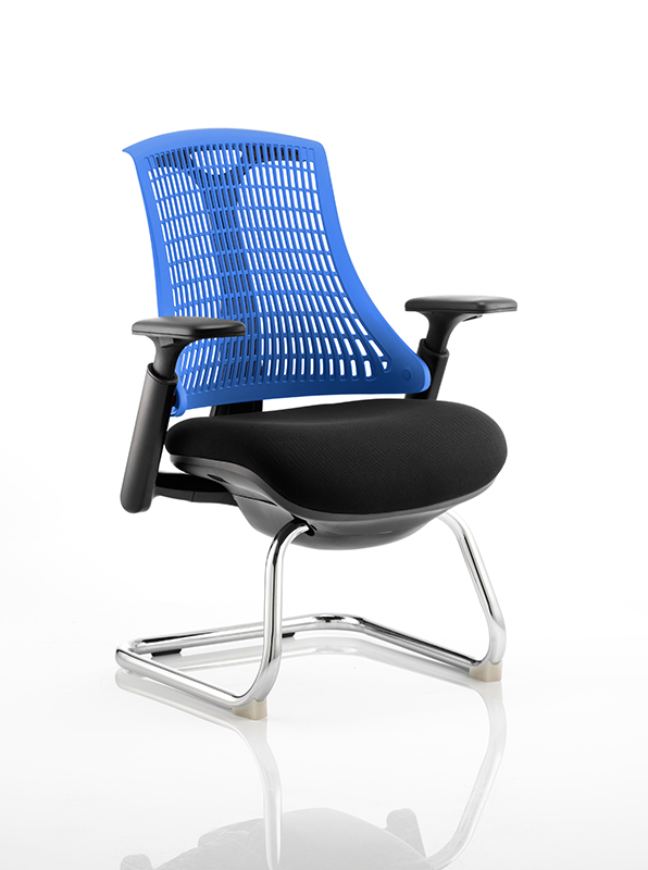 Flex Visitor Cantilever Chair Black Frame Black Fabric Seat With Blue Back With Arms