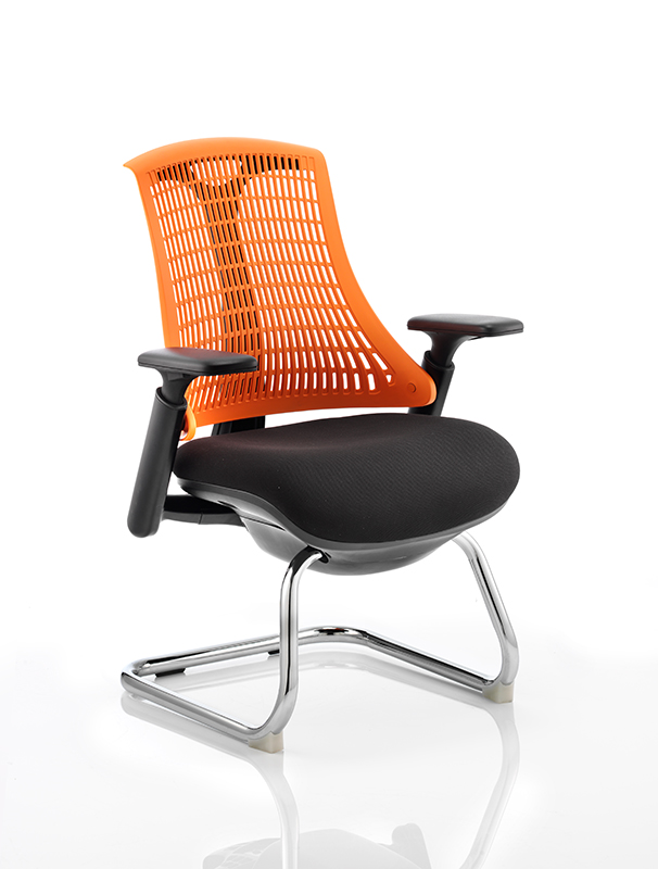 Flex Visitor Cantilever Chair Black Frame Black Fabric Seat With Orange Back With Arms