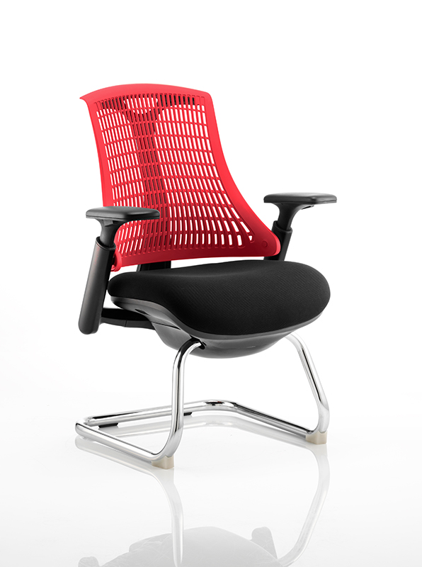 Flex Visitor Cantilever Chair Black Frame Black Fabric Seat With Red Back With Arms