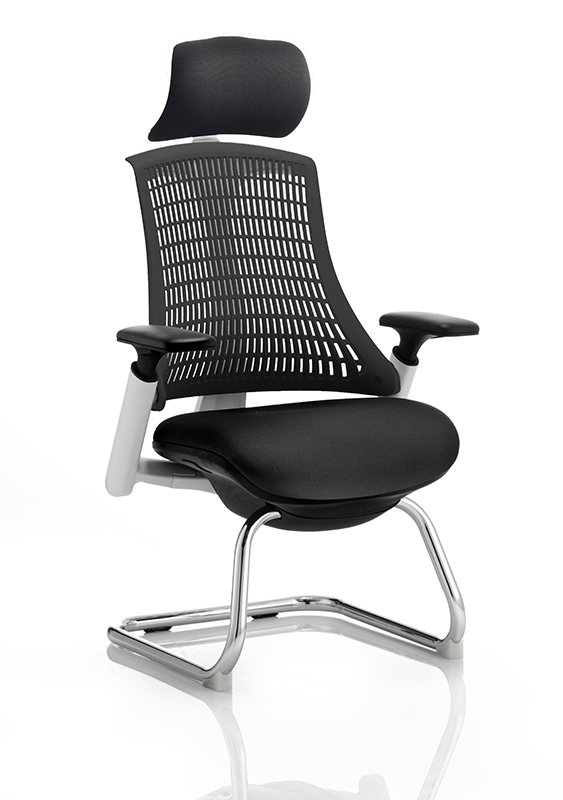 Flex Visitor Cantilever White Frame Black Fabric Seat Black Back With Arms With Headrest