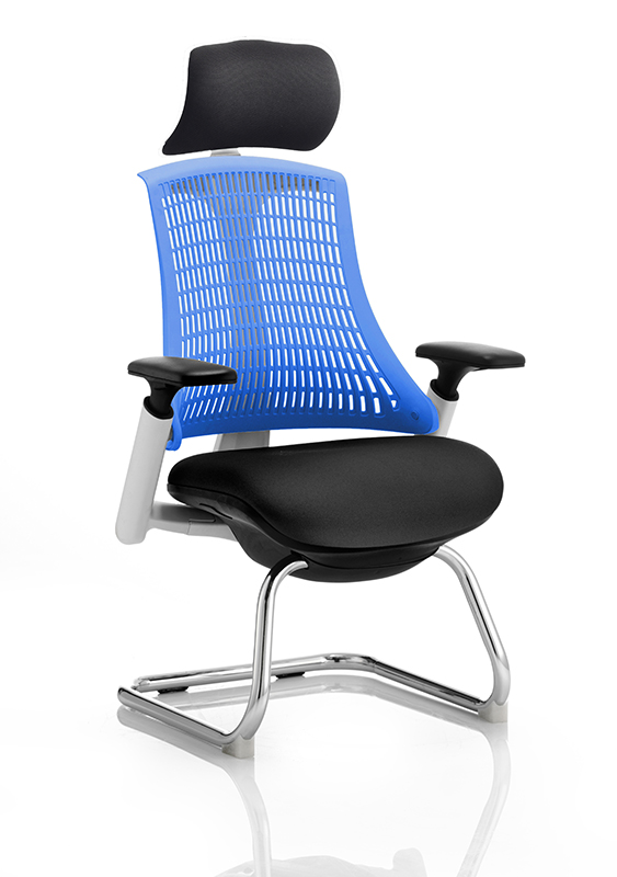 Flex Visitor Cantilever White Frame Black Fabric Seat Blue Back With Arms With Headrest