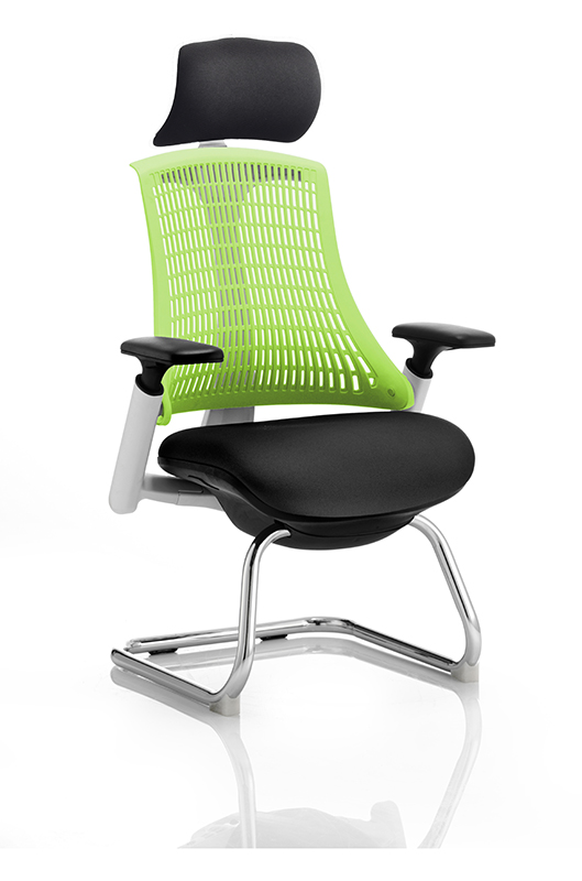 Flex Visitor Cantilever White Frame Black Fabric Seat Green Back With Arms With Headrest
