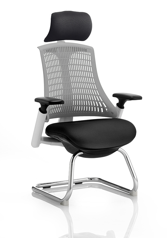 Flex Visitor Cantilever White Frame Black Fabric Seat Grey Back With Arms With Headrest