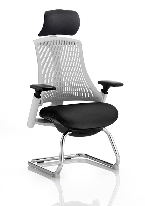 Flex Visitor Cantilever White Frame Black Fabric Seat Moonstone White Back With Arms With Headrest