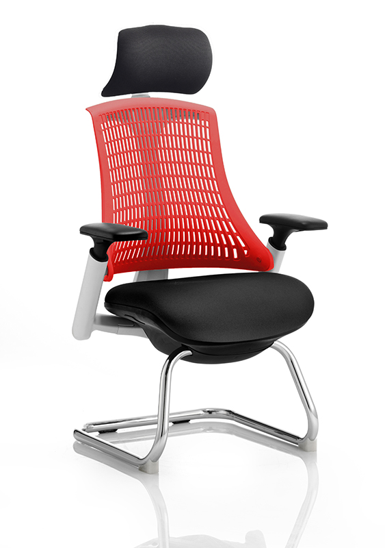 Flex Visitor Cantilever White Frame Black Fabric Seat Red Back With Arms With Headrest