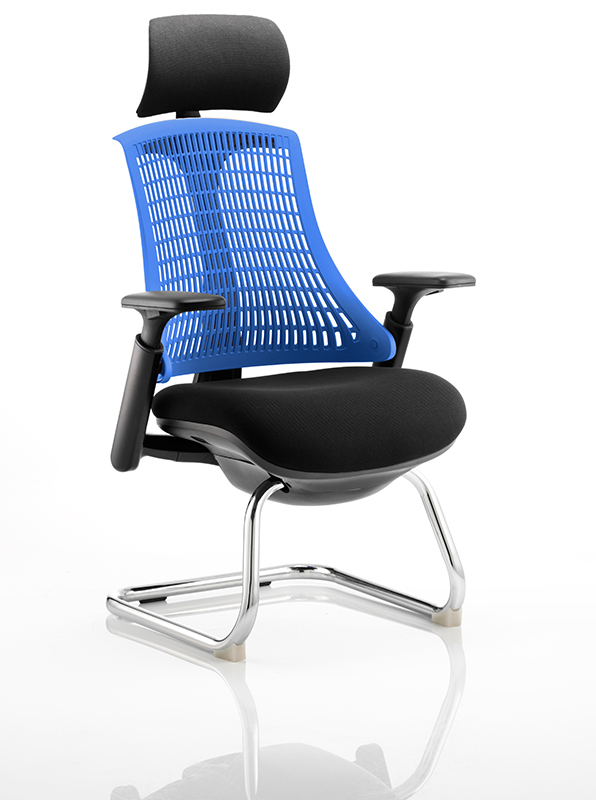 Flex Visitor Cantilever Chair Black Frame Black Fabric Seat With Blue Back With Arms With Headrest