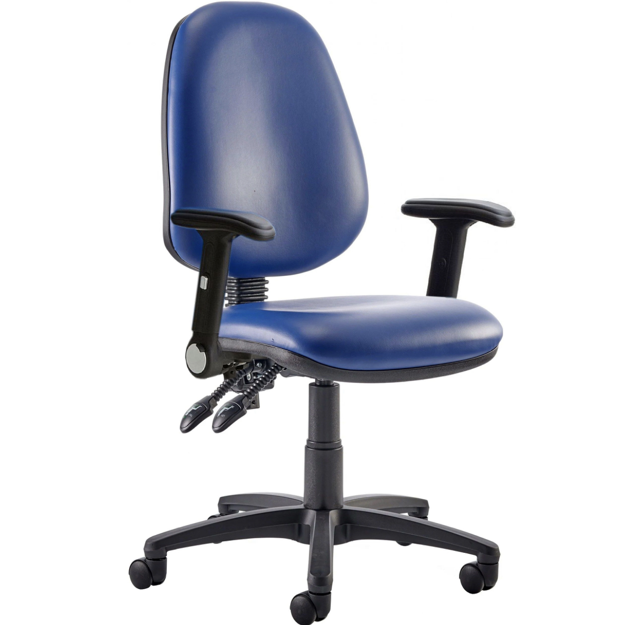 Kirby High back 2 lever vinyl operators chair blue with loop arms