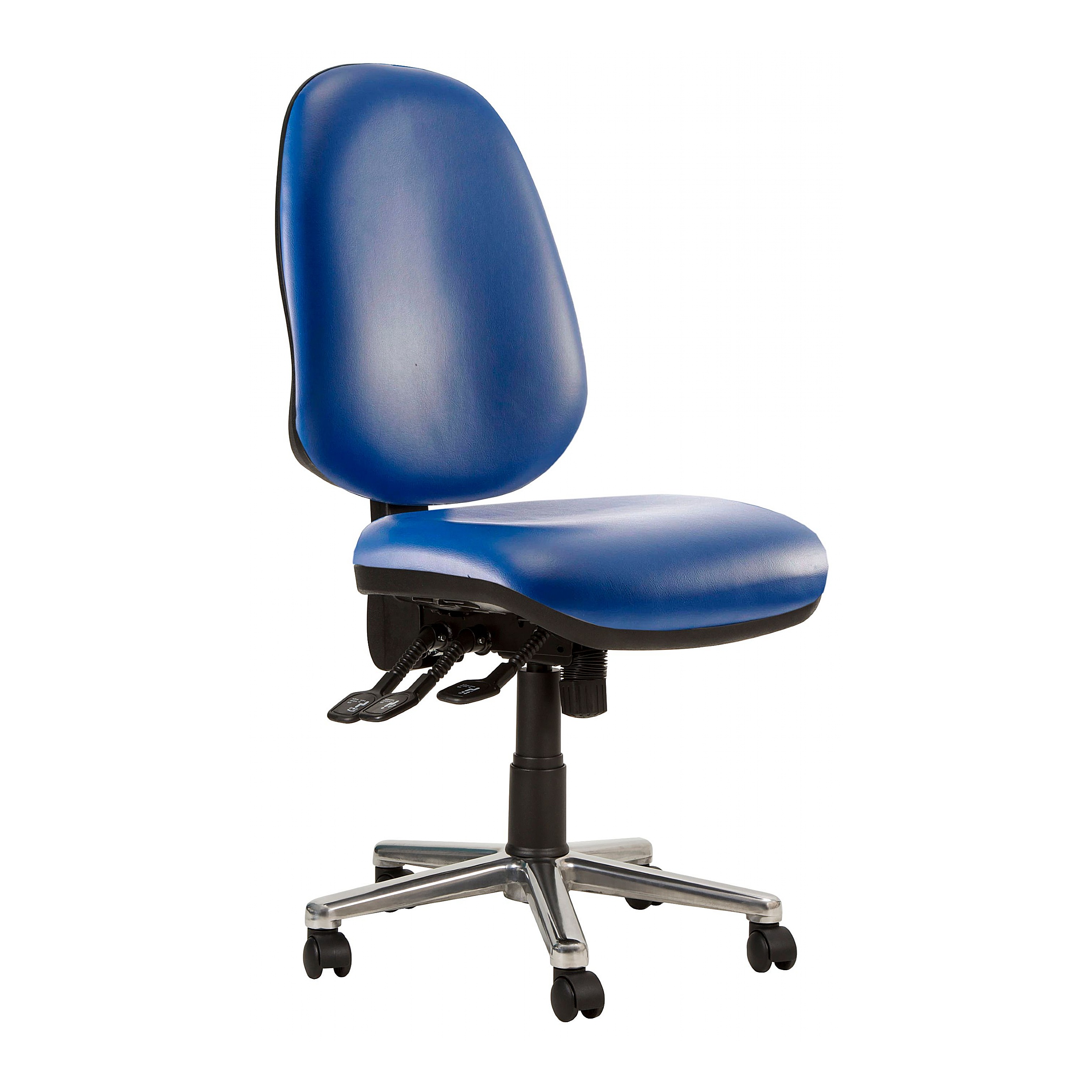 Kirby High back 2 lever vinyl operators chair blue with height fold away  arms