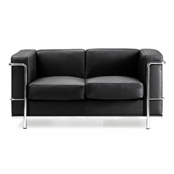 Le Corbusier style three seater sofa black faced leather and chrome 