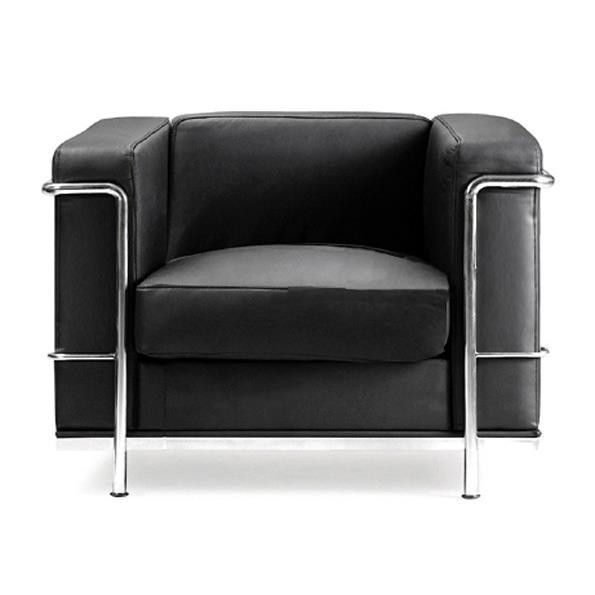 Le Corbusier style three seater sofa black faced leather and chrome 