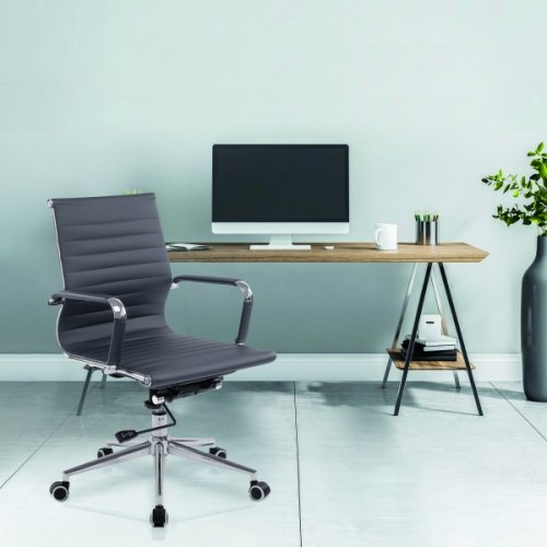 Designer Epsom  Medium Back Ribbed Leather Office Chair Swivel Coffee Brown