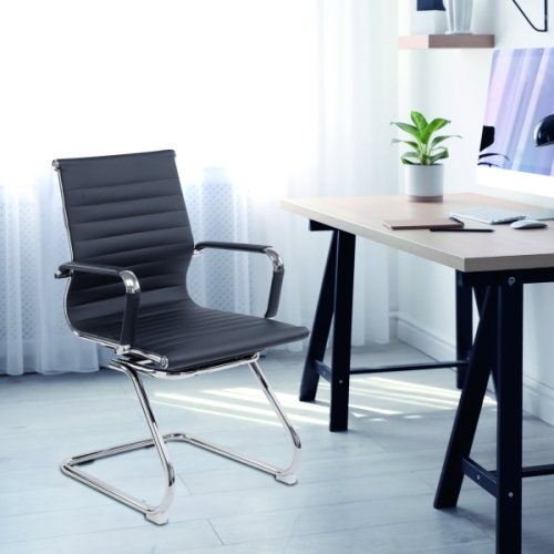 Designer Epsom  Madium Back Ribbed Leather Visitor Office Chair  Grey
