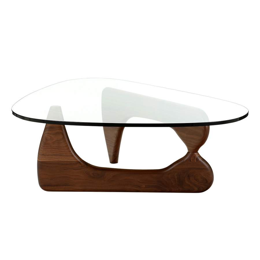 Noguchi inspired Designer Notting Hill walnut triangular coffee table 8 mm glass top  CURRENTLY IN STOCK 