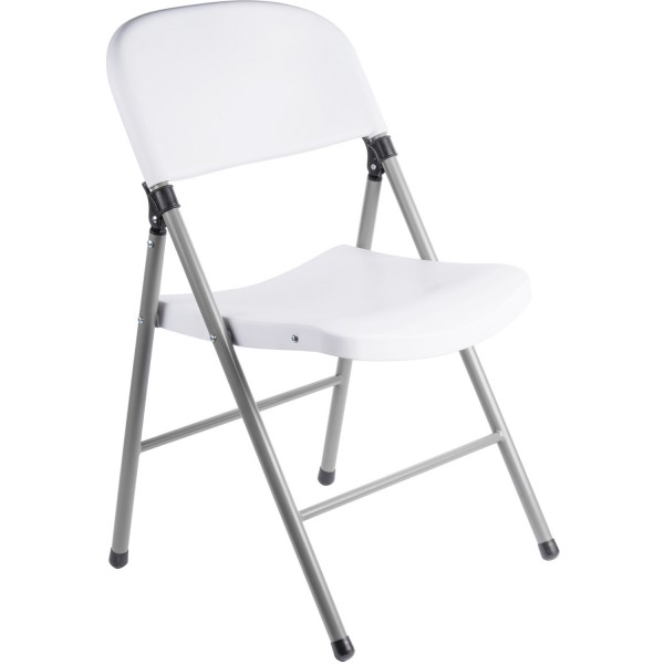 Plastic folding chair white seat and back , sturdy silver legs and black protective feet , easy to clean 