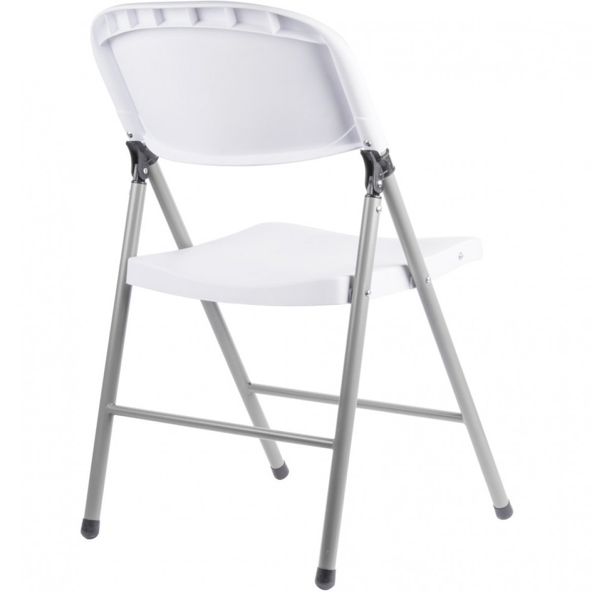 Plastic folding chair white seat and back , sturdy silver legs and black protective feet , easy to clean 